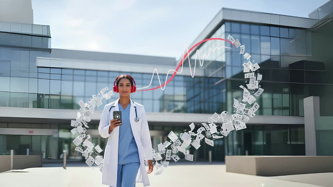 Doctor walking with headphones, listening to Medcast Media